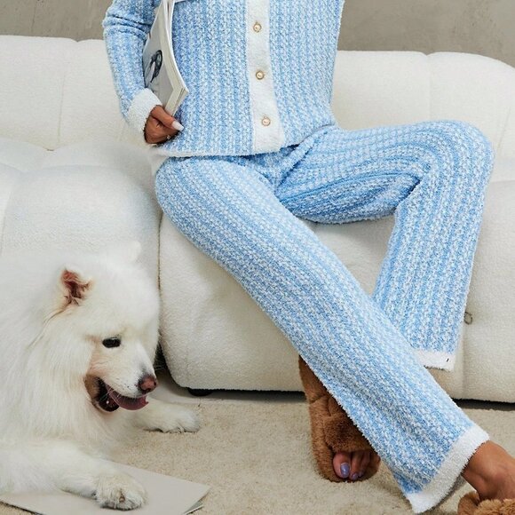 Blue and White Casual Womens Contrast Trim Cardigan & Knit Pants - Picture 5 of 5